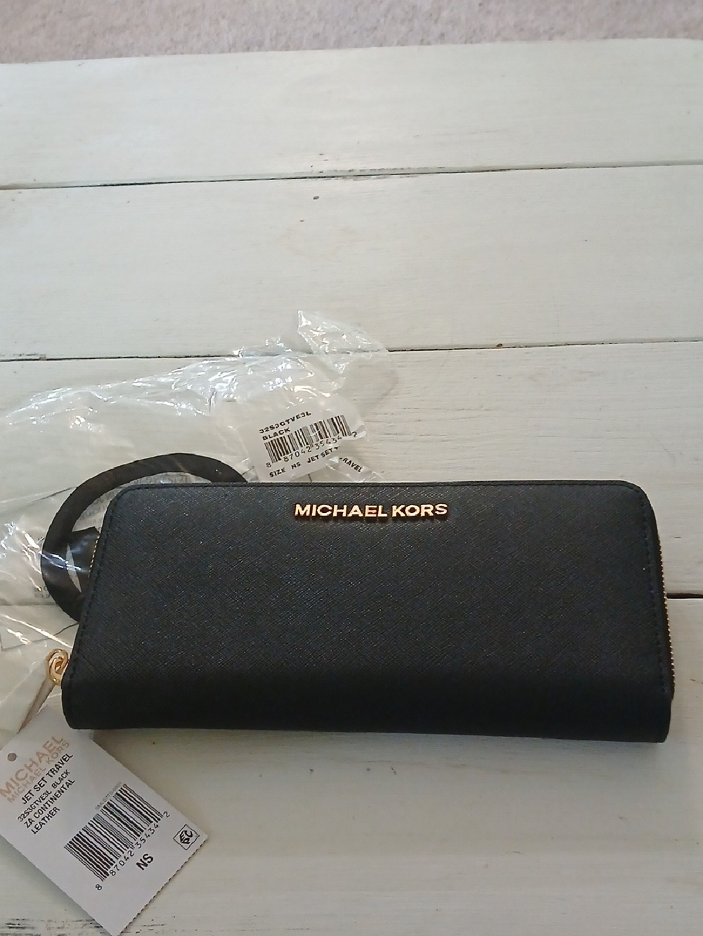 Michael Kors Black Saffiano Zip Wallet with Gold Logo